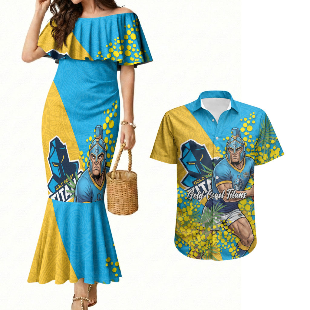 Gold Coast Titans Couples Matching Mermaid Dress and Hawaiian Shirt Golden Wattle Floral Polynesian - Australian Flower - Rugby Mascot