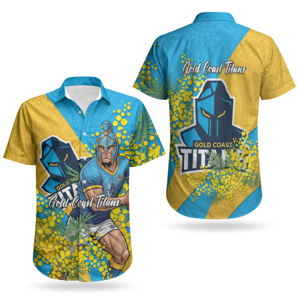 Gold Coast Titans Couples Matching Mermaid Dress and Hawaiian Shirt Golden Wattle Floral Polynesian - Australian Flower - Rugby Mascot