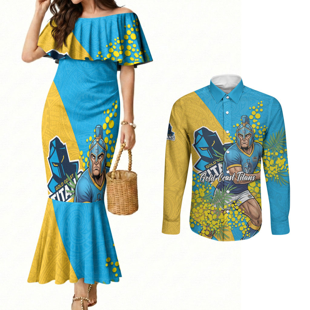 Gold Coast Titans Couples Matching Mermaid Dress and Long Sleeve Button Shirt Golden Wattle Floral Polynesian - Australian Flower - Rugby Mascot