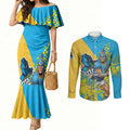 Gold Coast Titans Couples Matching Mermaid Dress and Long Sleeve Button Shirt Golden Wattle Floral Polynesian - Australian Flower - Rugby Mascot