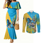 Gold Coast Titans Couples Matching Mermaid Dress and Long Sleeve Button Shirt Golden Wattle Floral Polynesian - Australian Flower - Rugby Mascot