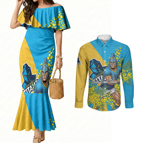 Gold Coast Titans Couples Matching Mermaid Dress and Long Sleeve Button Shirt Golden Wattle Floral Polynesian - Australian Flower - Rugby Mascot