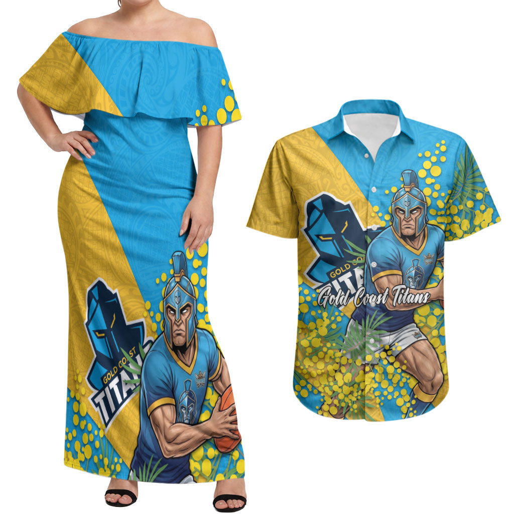 Gold Coast Titans Couples Matching Off Shoulder Maxi Dress and Hawaiian Shirt Golden Wattle Floral Polynesian - Australian Flower - Rugby Mascot