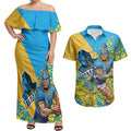 Gold Coast Titans Couples Matching Off Shoulder Maxi Dress and Hawaiian Shirt Golden Wattle Floral Polynesian - Australian Flower - Rugby Mascot