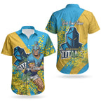 Gold Coast Titans Couples Matching Off Shoulder Maxi Dress and Hawaiian Shirt Golden Wattle Floral Polynesian - Australian Flower - Rugby Mascot