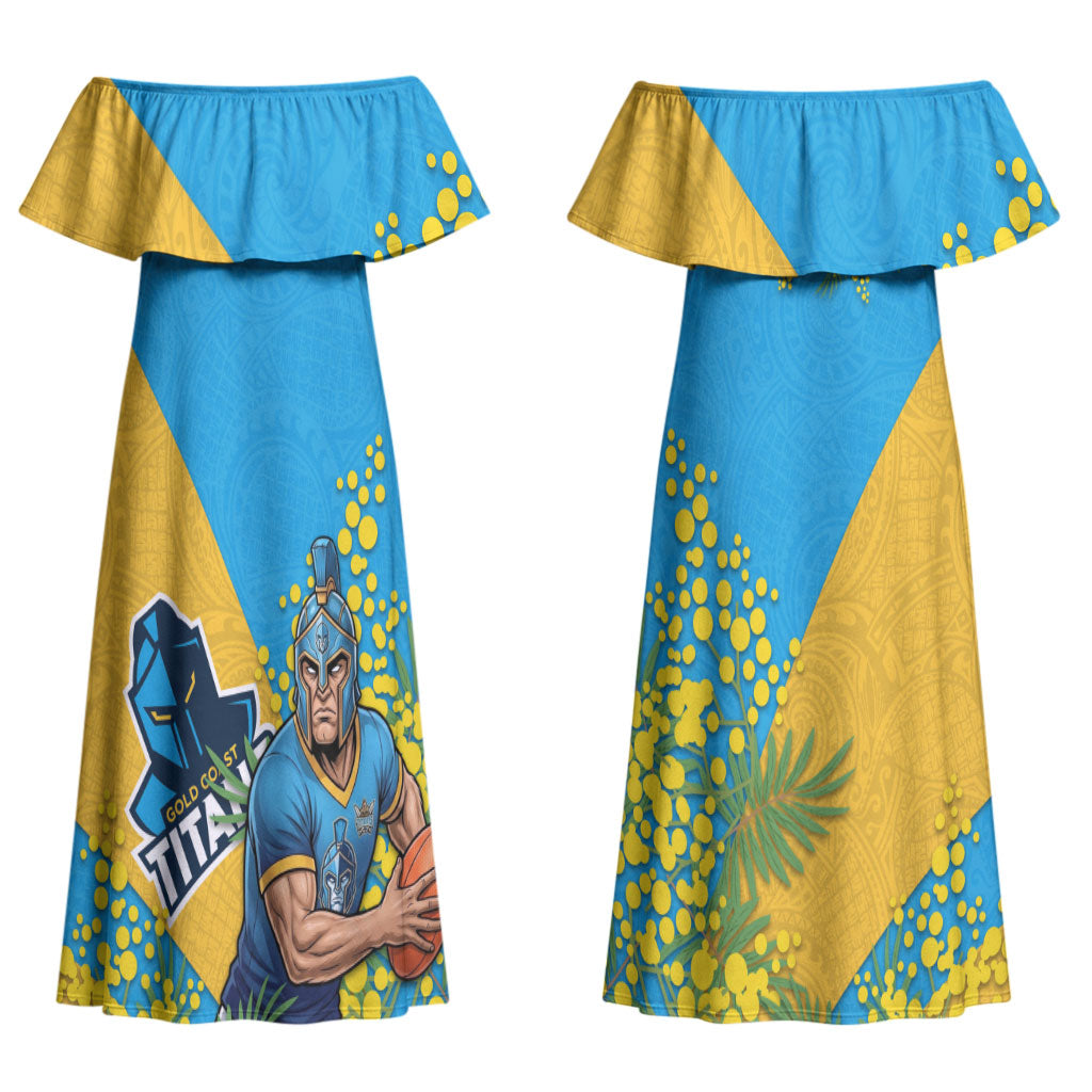 Gold Coast Titans Couples Matching Off Shoulder Maxi Dress and Hawaiian Shirt Golden Wattle Floral Polynesian - Australian Flower - Rugby Mascot