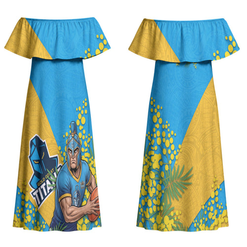 Gold Coast Titans Couples Matching Off Shoulder Maxi Dress and Hawaiian Shirt Golden Wattle Floral Polynesian - Australian Flower - Rugby Mascot