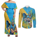 Gold Coast Titans Couples Matching Off Shoulder Maxi Dress and Long Sleeve Button Shirt Golden Wattle Floral Polynesian - Australian Flower - Rugby Mascot