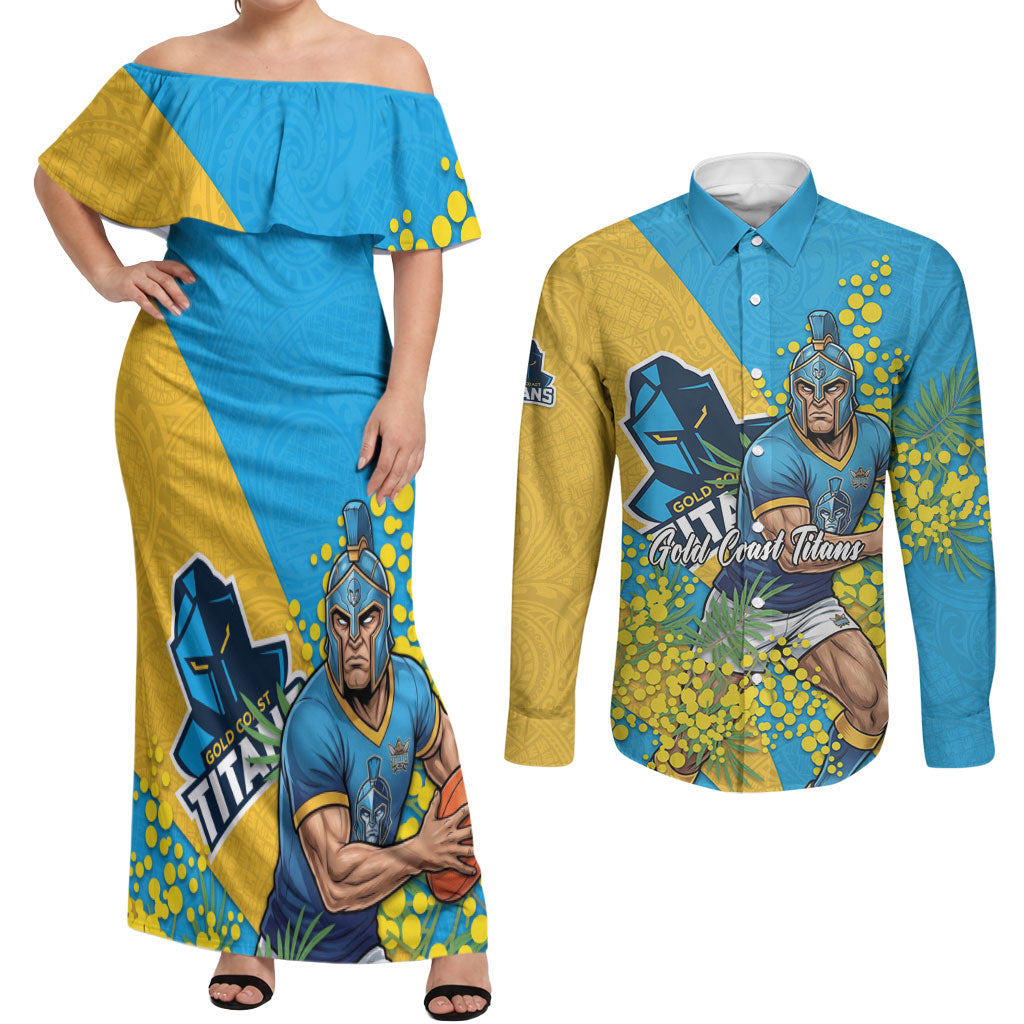 Gold Coast Titans Couples Matching Off Shoulder Maxi Dress and Long Sleeve Button Shirt Golden Wattle Floral Polynesian - Australian Flower - Rugby Mascot