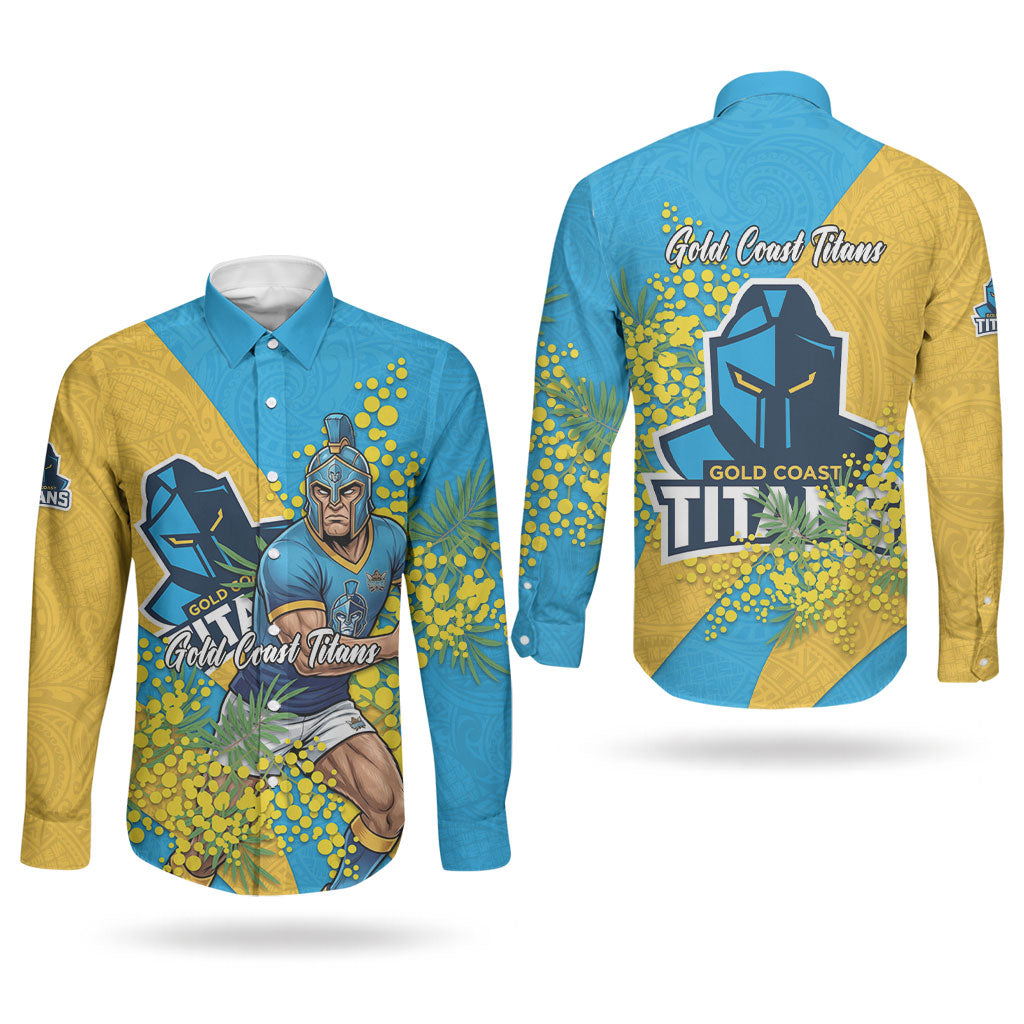 Gold Coast Titans Couples Matching Off Shoulder Maxi Dress and Long Sleeve Button Shirt Golden Wattle Floral Polynesian - Australian Flower - Rugby Mascot