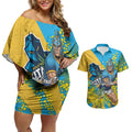 Gold Coast Titans Couples Matching Off Shoulder Short Dress and Hawaiian Shirt Golden Wattle Floral Polynesian - Australian Flower - Rugby Mascot