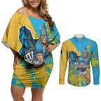 Gold Coast Titans Couples Matching Off Shoulder Short Dress and Long Sleeve Button Shirt Golden Wattle Floral Polynesian - Australian Flower - Rugby Mascot