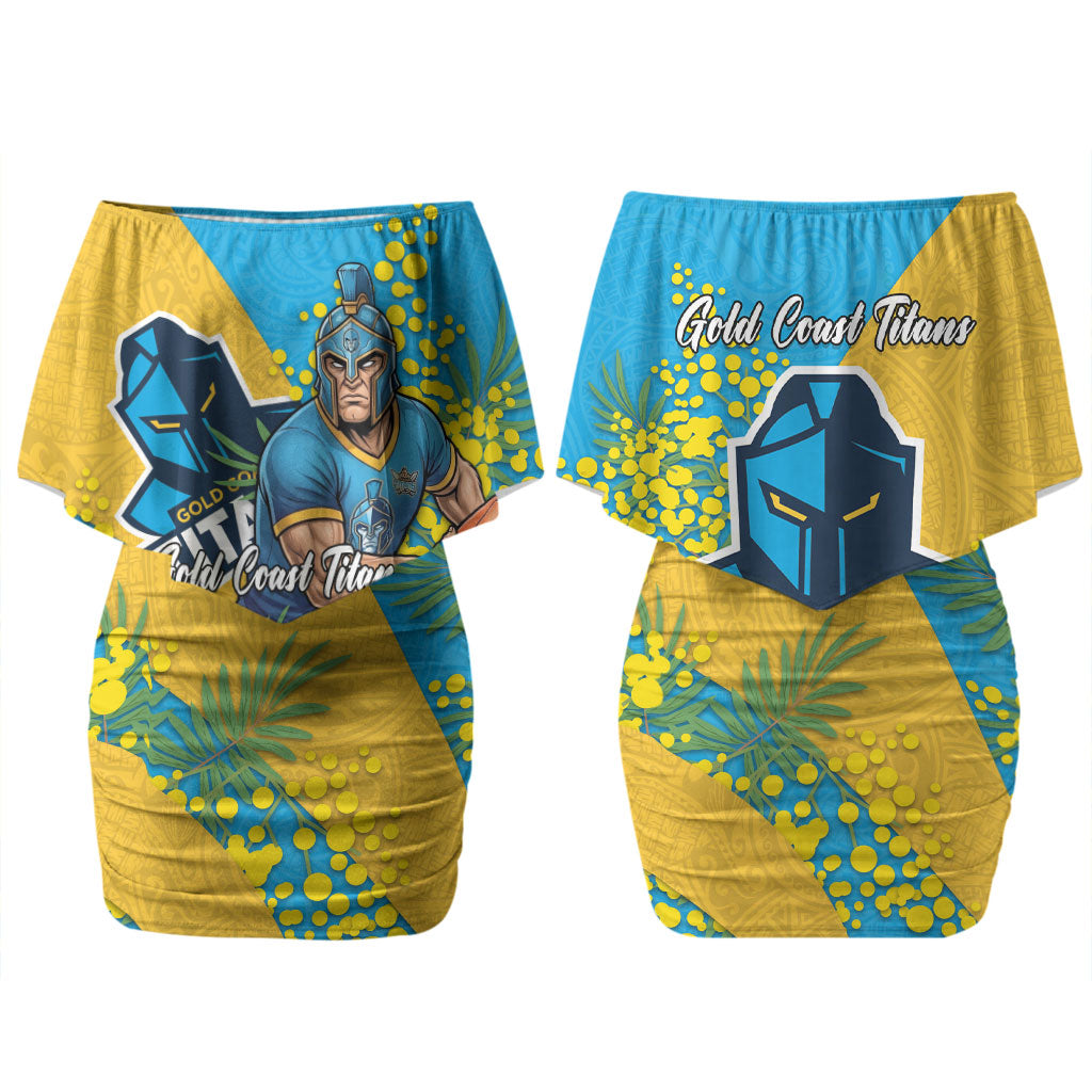 Gold Coast Titans Couples Matching Off Shoulder Short Dress and Long Sleeve Button Shirt Golden Wattle Floral Polynesian - Australian Flower - Rugby Mascot