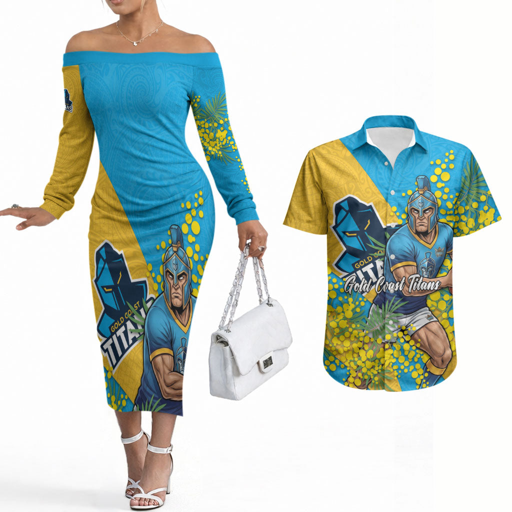 Gold Coast Titans Couples Matching Off The Shoulder Long Sleeve Dress and Hawaiian Shirt Golden Wattle Floral Polynesian - Australian Flower - Rugby Mascot