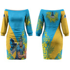 Gold Coast Titans Couples Matching Off The Shoulder Long Sleeve Dress and Hawaiian Shirt Golden Wattle Floral Polynesian - Australian Flower - Rugby Mascot