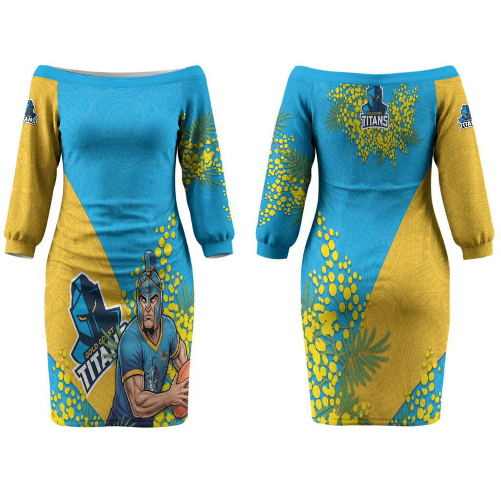 Gold Coast Titans Couples Matching Off The Shoulder Long Sleeve Dress and Hawaiian Shirt Golden Wattle Floral Polynesian - Australian Flower - Rugby Mascot