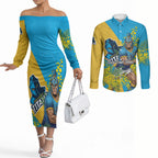 Gold Coast Titans Couples Matching Off The Shoulder Long Sleeve Dress and Long Sleeve Button Shirt Golden Wattle Floral Polynesian - Australian Flower - Rugby Mascot