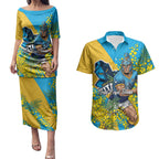 Gold Coast Titans Couples Matching Puletasi and Hawaiian Shirt Golden Wattle Floral Polynesian - Australian Flower - Rugby Mascot