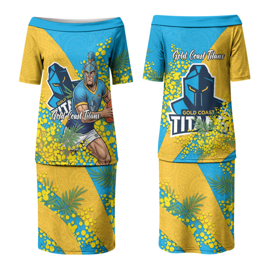Gold Coast Titans Couples Matching Puletasi and Hawaiian Shirt Golden Wattle Floral Polynesian - Australian Flower - Rugby Mascot