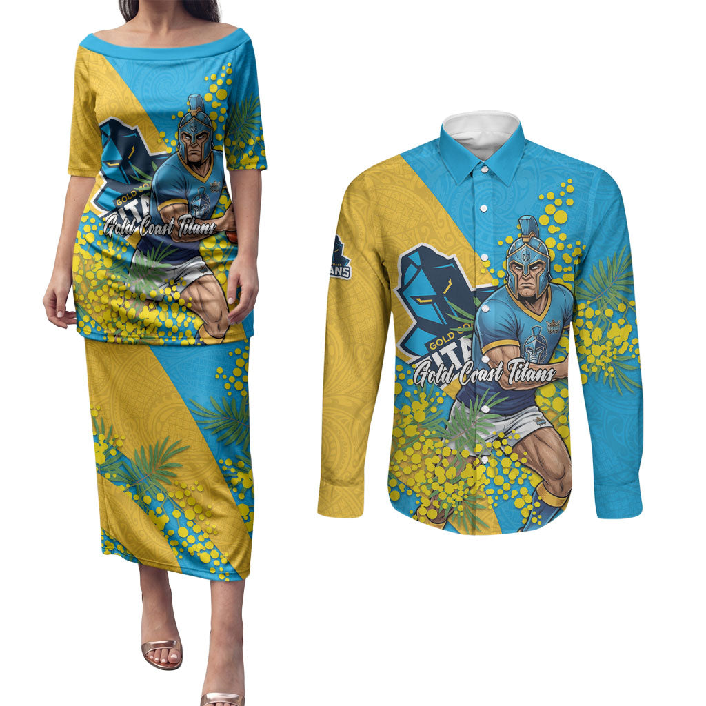 Gold Coast Titans Couples Matching Puletasi and Long Sleeve Button Shirt Golden Wattle Floral Polynesian - Australian Flower - Rugby Mascot