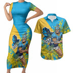 Gold Coast Titans Couples Matching Short Sleeve Bodycon Dress and Hawaiian Shirt Golden Wattle Floral Polynesian - Australian Flower - Rugby Mascot
