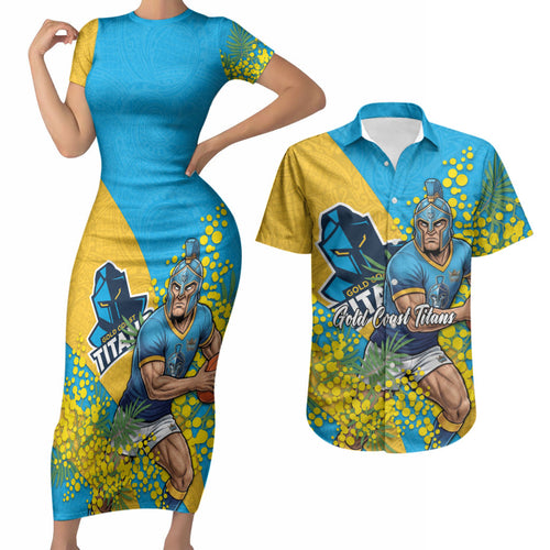 Gold Coast Titans Couples Matching Short Sleeve Bodycon Dress and Hawaiian Shirt Golden Wattle Floral Polynesian - Australian Flower - Rugby Mascot