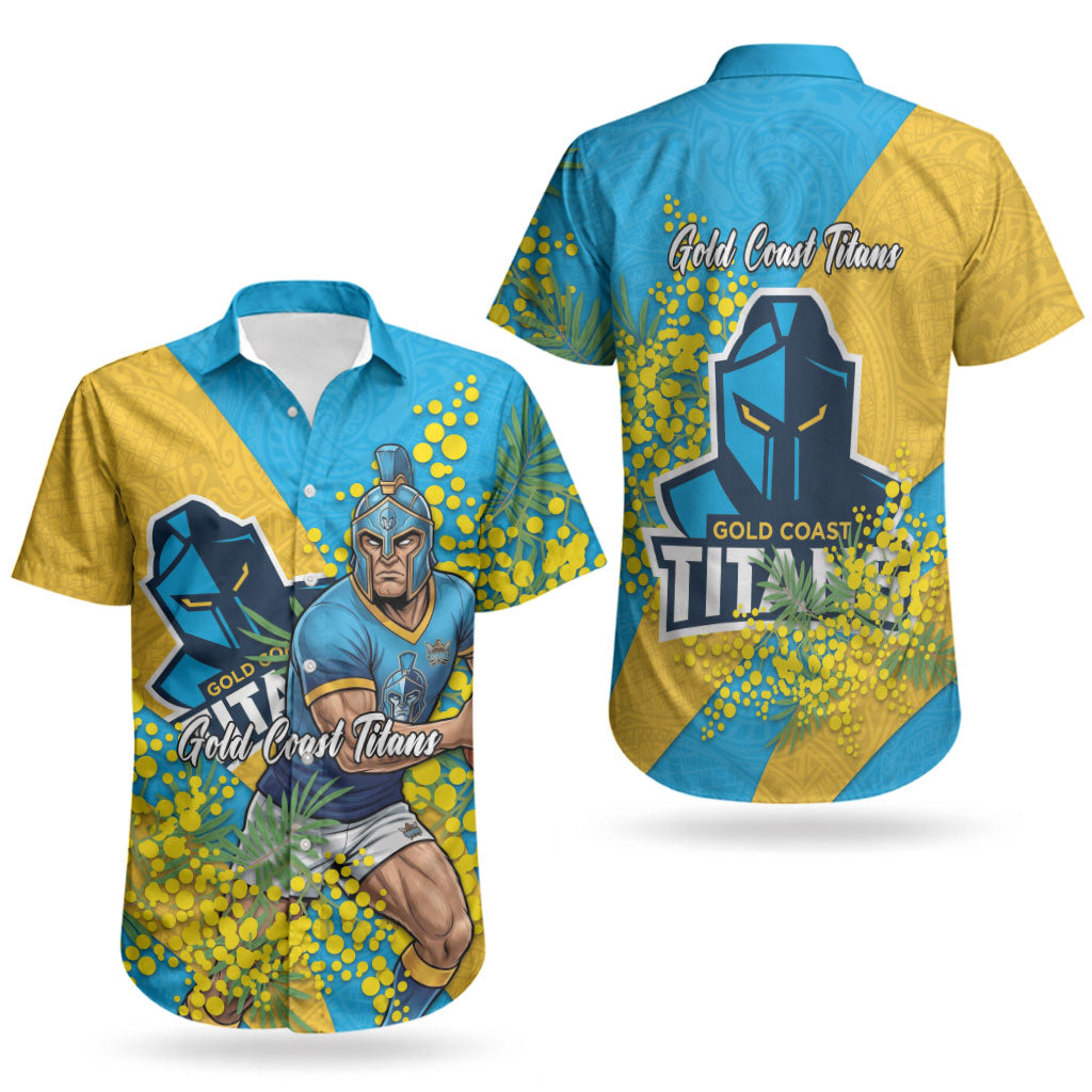 Gold Coast Titans Couples Matching Short Sleeve Bodycon Dress and Hawaiian Shirt Golden Wattle Floral Polynesian - Australian Flower - Rugby Mascot