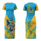 Gold Coast Titans Couples Matching Short Sleeve Bodycon Dress and Hawaiian Shirt Golden Wattle Floral Polynesian - Australian Flower - Rugby Mascot