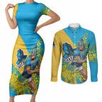 Gold Coast Titans Couples Matching Short Sleeve Bodycon Dress and Long Sleeve Button Shirt Golden Wattle Floral Polynesian - Australian Flower - Rugby Mascot