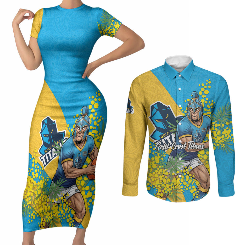 Gold Coast Titans Couples Matching Short Sleeve Bodycon Dress and Long Sleeve Button Shirt Golden Wattle Floral Polynesian - Australian Flower - Rugby Mascot