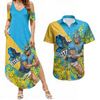 Gold Coast Titans Couples Matching Summer Maxi Dress and Hawaiian Shirt Golden Wattle Floral Polynesian - Australian Flower - Rugby Mascot