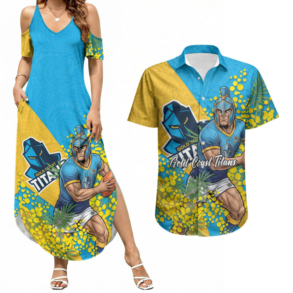 Gold Coast Titans Couples Matching Summer Maxi Dress and Hawaiian Shirt Golden Wattle Floral Polynesian - Australian Flower - Rugby Mascot