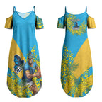 Gold Coast Titans Couples Matching Summer Maxi Dress and Hawaiian Shirt Golden Wattle Floral Polynesian - Australian Flower - Rugby Mascot