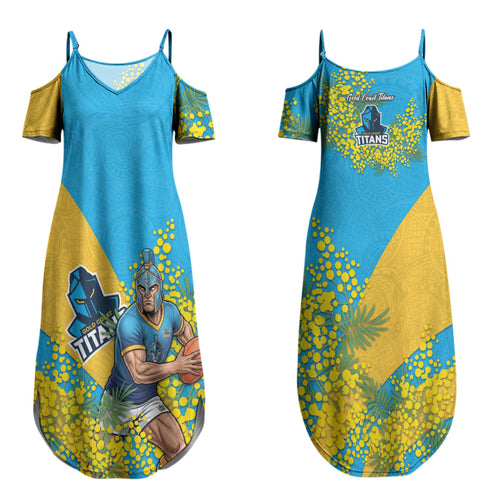 Gold Coast Titans Couples Matching Summer Maxi Dress and Hawaiian Shirt Golden Wattle Floral Polynesian - Australian Flower - Rugby Mascot