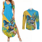 Gold Coast Titans Couples Matching Summer Maxi Dress and Long Sleeve Button Shirt Golden Wattle Floral Polynesian - Australian Flower - Rugby Mascot