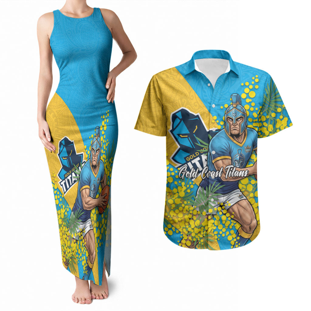 Gold Coast Titans Couples Matching Tank Maxi Dress and Hawaiian Shirt Golden Wattle Floral Polynesian - Australian Flower - Rugby Mascot