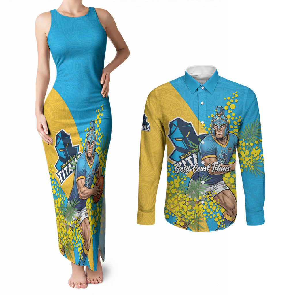 Gold Coast Titans Couples Matching Tank Maxi Dress and Long Sleeve Button Shirt Golden Wattle Floral Polynesian - Australian Flower - Rugby Mascot