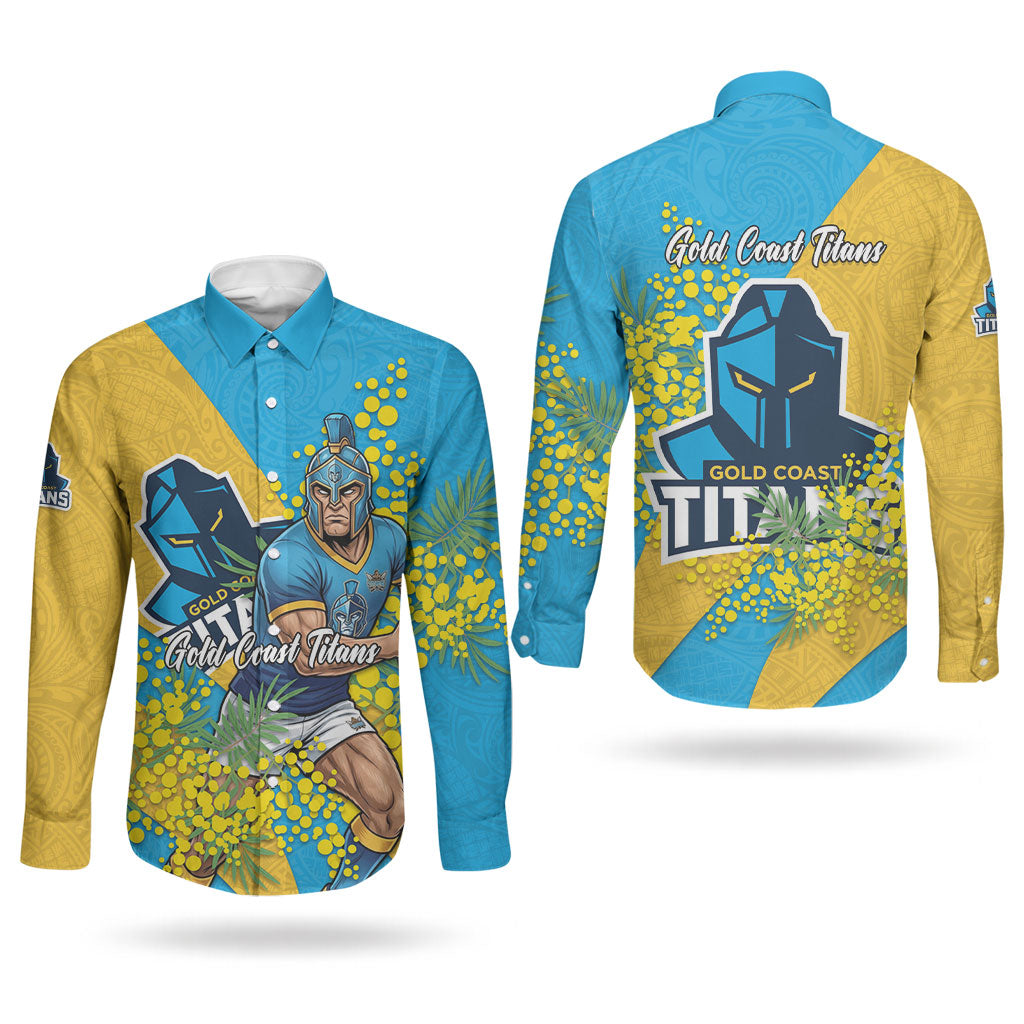Gold Coast Titans Couples Matching Tank Maxi Dress and Long Sleeve Button Shirt Golden Wattle Floral Polynesian - Australian Flower - Rugby Mascot