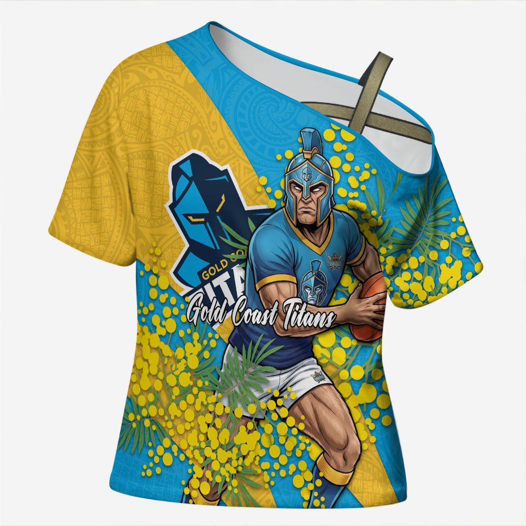 Gold Coast Titans Cross Shoulder Shirt Golden Wattle Floral Polynesian - Australian Flower - Rugby Mascot