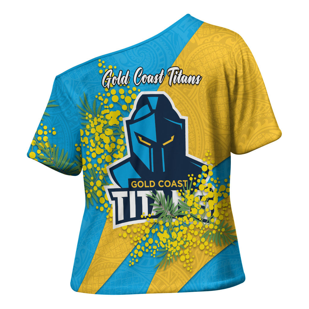 Gold Coast Titans Cross Shoulder Shirt Golden Wattle Floral Polynesian - Australian Flower - Rugby Mascot