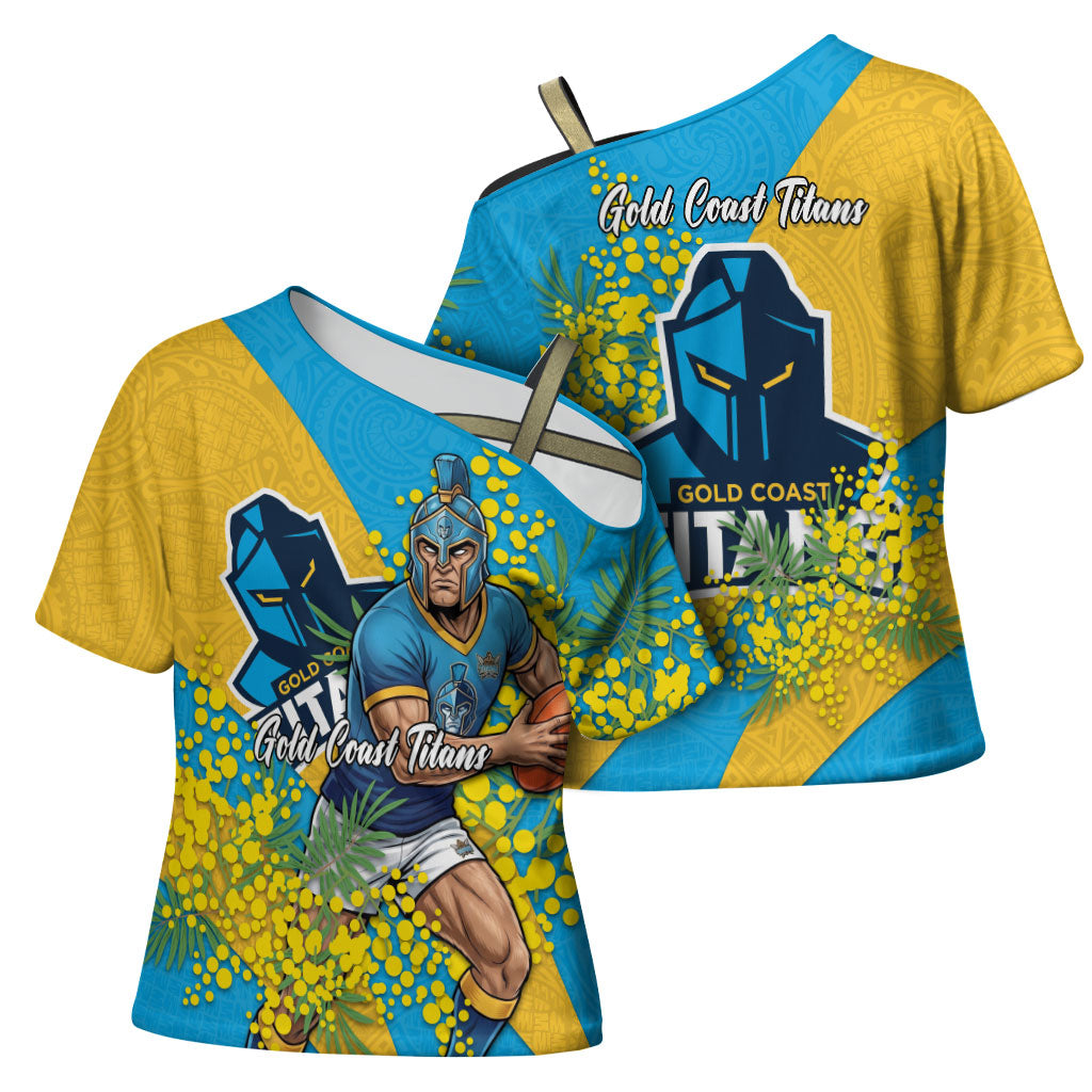 Gold Coast Titans Cross Shoulder Shirt Golden Wattle Floral Polynesian - Australian Flower - Rugby Mascot