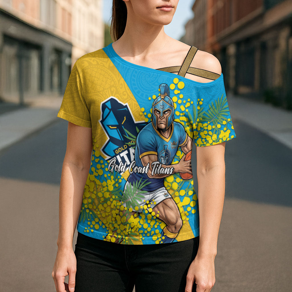 Gold Coast Titans Cross Shoulder Shirt Golden Wattle Floral Polynesian - Australian Flower - Rugby Mascot