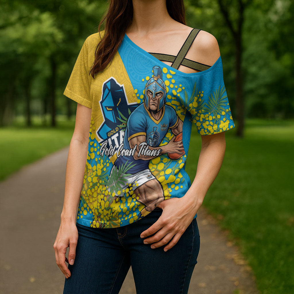 Gold Coast Titans Cross Shoulder Shirt Golden Wattle Floral Polynesian - Australian Flower - Rugby Mascot