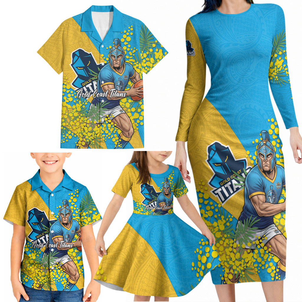 Gold Coast Titans Family Matching Long Sleeve Bodycon Dress and Hawaiian Shirt Golden Wattle Floral Polynesian - Australian Flower - Rugby Mascot