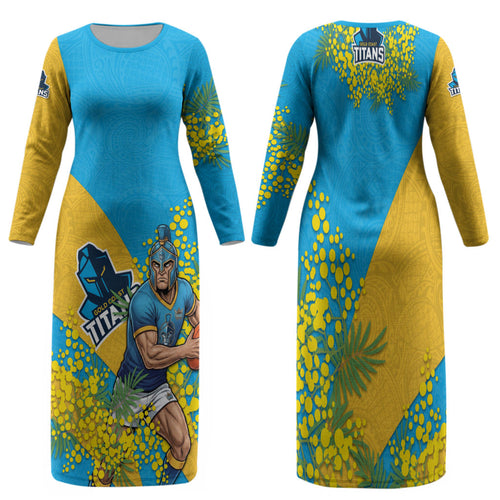 Gold Coast Titans Family Matching Long Sleeve Bodycon Dress and Hawaiian Shirt Golden Wattle Floral Polynesian - Australian Flower - Rugby Mascot