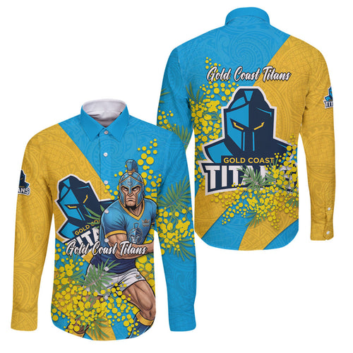 Gold Coast Titans Family Matching Long Sleeve Bodycon Dress and Hawaiian Shirt Golden Wattle Floral Polynesian - Australian Flower - Rugby Mascot