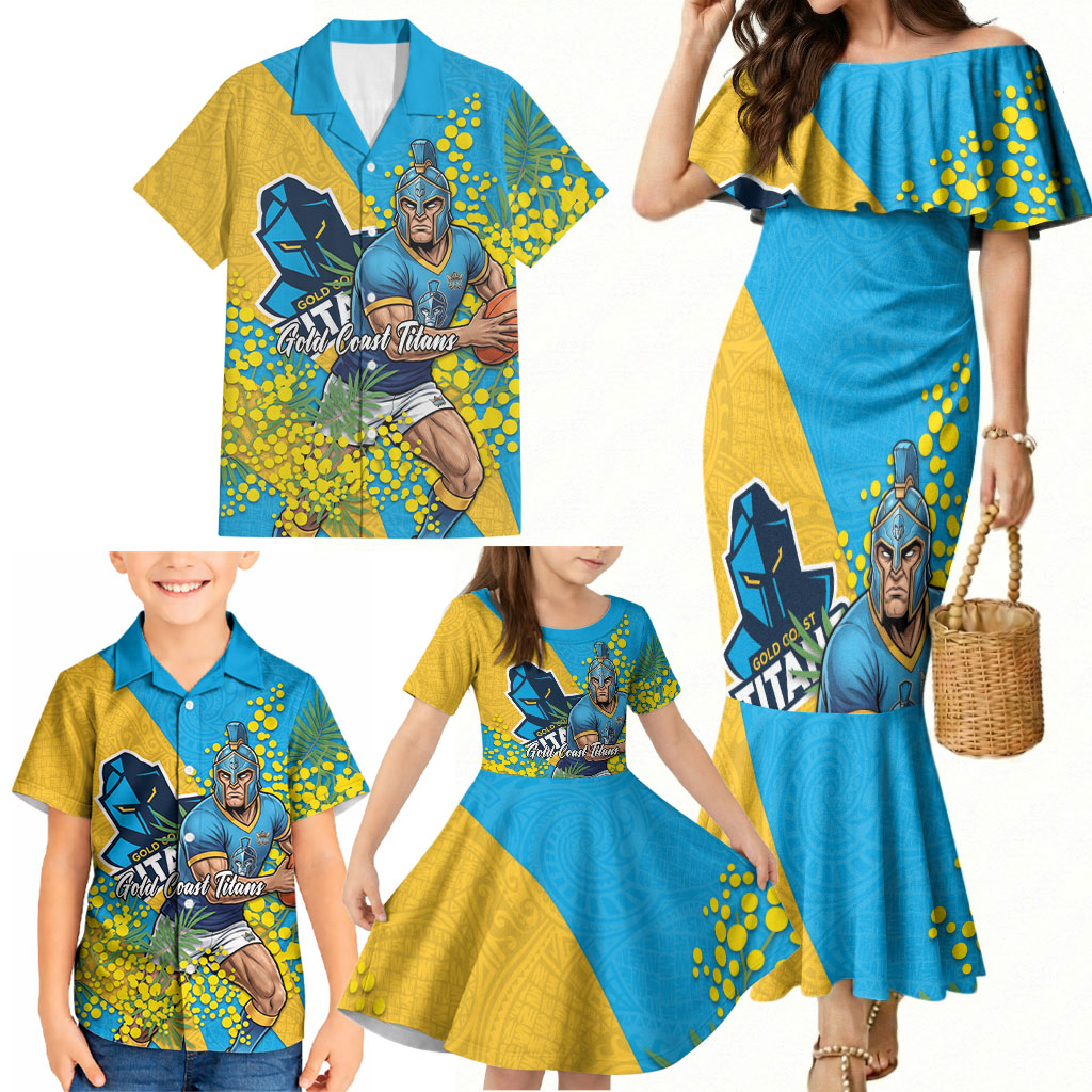 Gold Coast Titans Family Matching Mermaid Dress and Hawaiian Shirt Golden Wattle Floral Polynesian - Australian Flower - Rugby Mascot
