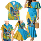 Gold Coast Titans Family Matching Mermaid Dress and Hawaiian Shirt Golden Wattle Floral Polynesian - Australian Flower - Rugby Mascot
