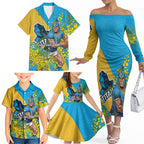 Gold Coast Titans Family Matching Off The Shoulder Long Sleeve Dress and Hawaiian Shirt Golden Wattle Floral Polynesian - Australian Flower - Rugby Mascot