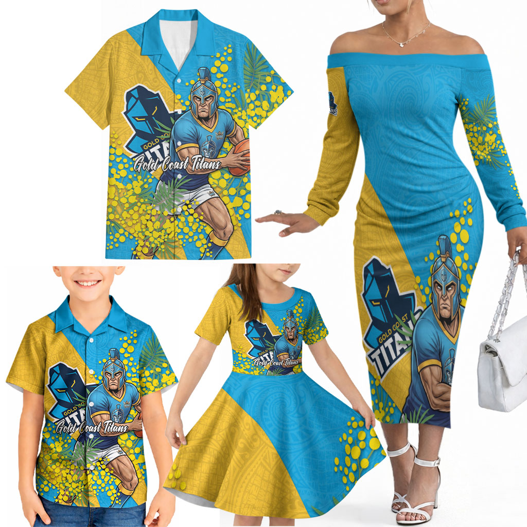 Gold Coast Titans Family Matching Off The Shoulder Long Sleeve Dress and Hawaiian Shirt Golden Wattle Floral Polynesian - Australian Flower - Rugby Mascot